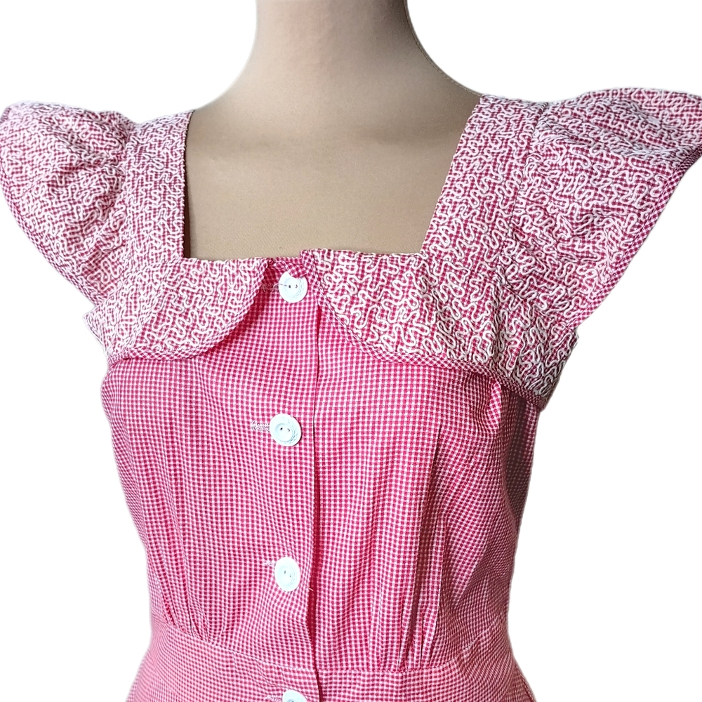 SOLD 40s Vintage Princess Peggy Button Gingham Front House Dress Rockabilly VLV - Picture 3 of 12